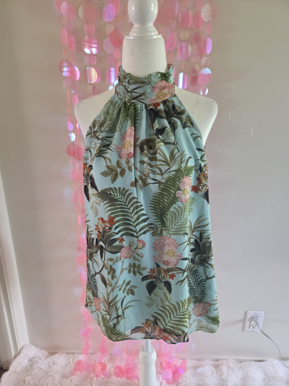 Witchery Mint Halter Floral Top with Pink Blossoms